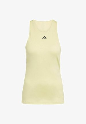 Débardeur athlétique jaune clair sans manches avec un col rond haut et un petit logo adidas noir sur la poitrine.