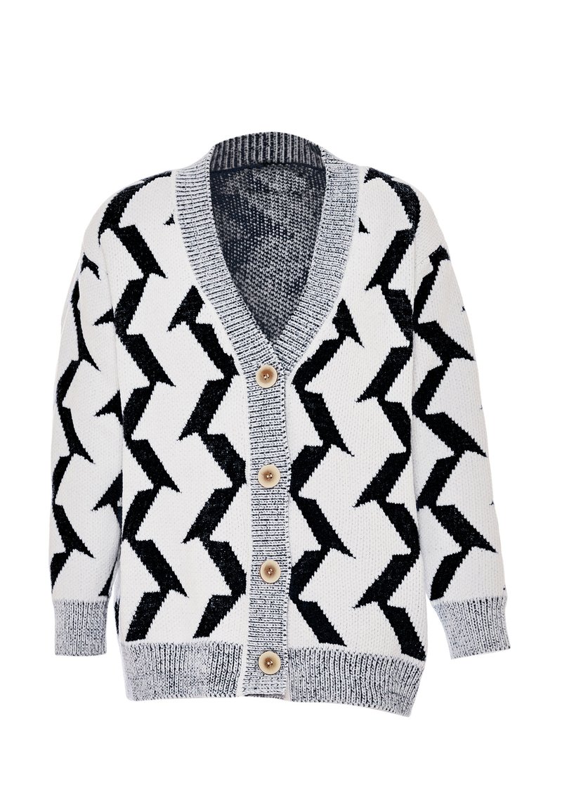 Cardigan a maglia bianco e nero con motivo a zigzag, scollo a V, polsini a coste e cinque grandi bottoni color beige sulla parte anteriore.