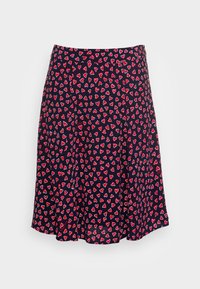 Falda azul marino con un diseño acampanado, adornada con un patrón de corazones rojos y blancos. Fabricada con un material ligero y de textura suave.