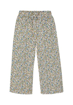 White wide-leg pants with an elastic waistband featuring a colorful small floral pattern in blue, yellow, pink, and green.