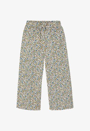 Weiße Hose mit weiter Beinform und elastischem Bund, gestaltet mit einem bunten kleinen Blumenmuster in Blau, Gelb, Pink und Grün.