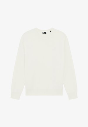 Weißes Crewneck-Sweatshirt aus weichem Stoff, mit lockerem Schnitt, langen Ärmeln und einem dezenten Logo auf der Brust.