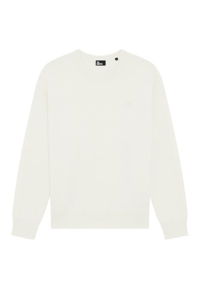 Hvid crewneck sweatshirt lavet af blødt stof, med en afslappet pasform, lange ærmer og et subtile logo på brystet.