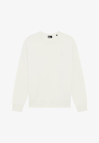Hvid crewneck sweatshirt lavet af blødt stof, med en afslappet pasform, lange ærmer og et subtile logo på brystet.