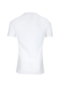 T-shirt blanc à manches courtes avec un col rond, fabriqué en tissu coton, présentant une texture lisse et un design simple sans motifs ni accents.