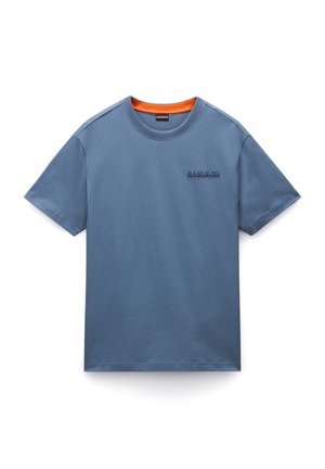 Blue cotton t-shirt with a crew neckline, featuring orange inner collar and small contrasting logo on the chest. Short sleeves, relaxed fit.