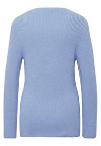 Blauer Strickpullover mit strukturiertem Finish, mit langen Ärmeln und rundem Halsausschnitt, von hinten gezeigt, um seine Form und Passform sichtbar zu machen.