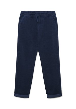 Granatowe sztruksowe spodnie z elastycznym paskiem w talii, dwoma bocznymi kieszeniami i podwiniętymi mankietami; teksturowana tkanina z pionowymi prążkami.