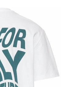 Witte T-shirt met korte mouwen met grote teal letters. Van katoen, met een ronde hals en een relaxed fit. Minimalistisch ontwerp zonder extra graphics.