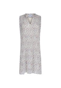 Vestido sin mangas con estampado floral y escote en V, fabricado en una tela ligera, con una silueta acampanada y textura plisada, en suaves colores pastel.