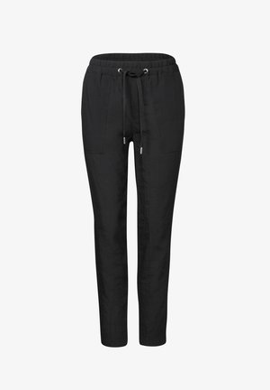 Pantaloni jogger neri in lino con vita elasticizzata, chiusura con cordoncino, gambe affusolate e due tasche laterali. Tessuto liscio e testurizzato.