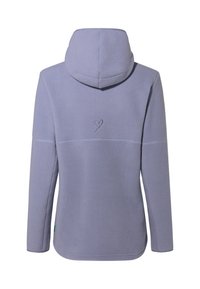 Fleece-Hoodie in hellem Lavendel mit Kapuze, mit einem dezenten Herzdesign und nahtlosem Nähen an den Schultern. Weiche Textur.