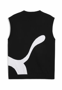 Maglione senza maniche nero con grafica di una coda di gatto bianca sul retro; realizzato in morbido materiale a maglia; colletto e orlo a costine.