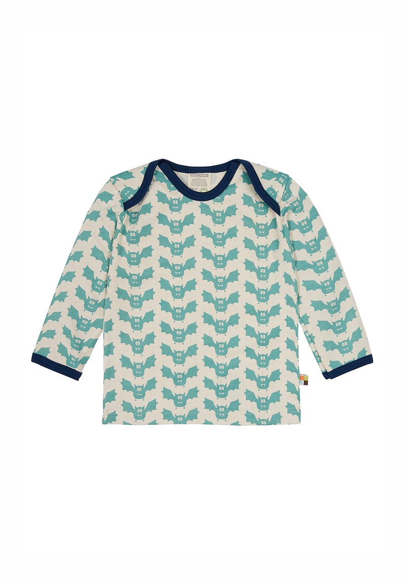 Camicia a maniche lunghe in cotone crema con motivo a pipistrello turchese ripetuto, con colletto girocollo blu navy e polsini.