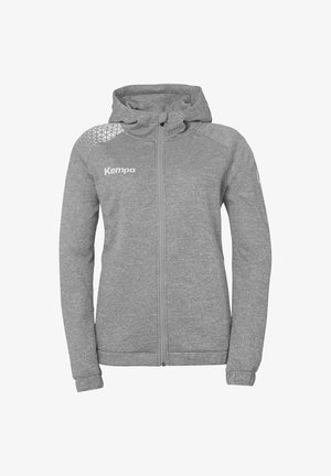 Gray zip-up hoodie made of soft fabric, featuring a textured pattern on shoulders, adjustable hood, and logo printed on the chest.