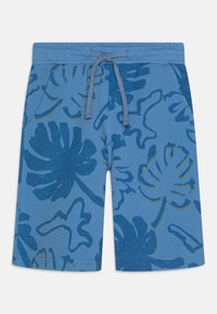 Blaue Shorts aus weichem Stoff mit floralem Muster in dunklerem Blau und Grün. Sie verfügen über einen elastischen Bund mit Kordelzug und seitlichen Taschen.