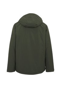 Chaqueta con capucha de color verde oscuro vista desde atrás, con mangas largas y un dobladillo ligeramente curvado.