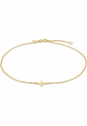 Zarter goldener Kettenarmband mit kleinem horizontalem Kreuzanhänger und Karabinerverschluss auf weißem Hintergrund.