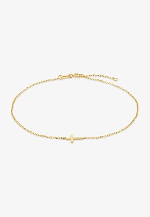 Delicate gold chain bracelet with a small horizontal cross charm and lobster clasp closure on a white background.