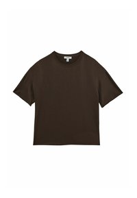 Dunkelbraunes T-Shirt mit kurzen Ärmeln, Rundhalsausschnitt und geradem Saum, flach auf einem weißen Hintergrund präsentiert.