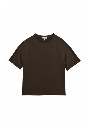 Dunkelbraunes T-Shirt mit kurzen Ärmeln, Rundhalsausschnitt und geradem Saum, flach auf einem weißen Hintergrund präsentiert.