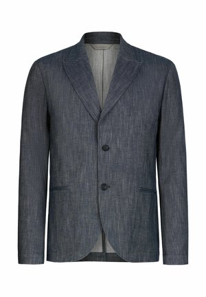 Blazer pour homme gris foncé ajusté avec revers crantés, deux boutons sur le devant et poches à rabat, fabriqué en tissu texturé.