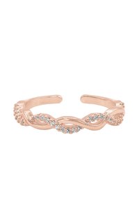 Anello regolabile in oro rosa con un design intrecciato, caratterizzato da piccole pietre trasparenti incastonate sul davanti per un tocco di brillantezza e di texture.