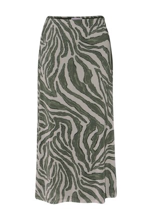 Midi-rok met een abstract zebrapatroon in groen en grijs en een rechte zoom.