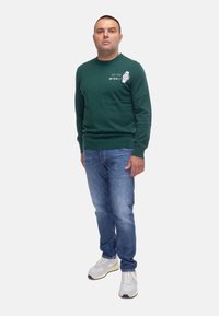 Felpa verde scuro con colletto tondo, caratterizzata da testi bianchi e dettagli grafici, abbinata a jeans azzurri chiari e sneakers bianche.