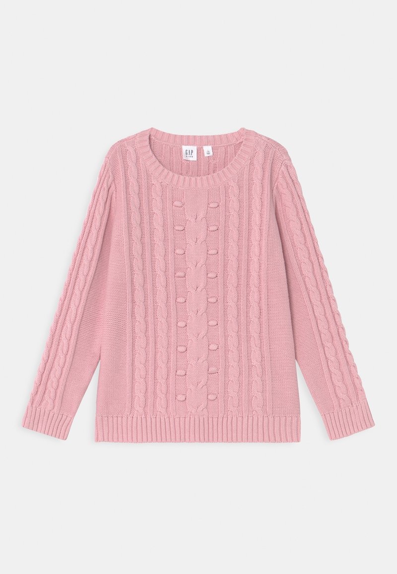 Pull rose en maille torsadée à manches longues avec encolure ronde et bords-côtes aux poignets et à l'ourlet, présenté à plat sur fond blanc.