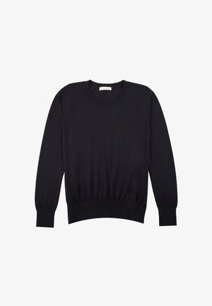Schwarzer Strickpullover mit langen Ärmeln, Rundhalsausschnitt, gerippten Bündchen und Saum. Glatte Textur und anliegender Saum mit leicht gerafftem Aussehen.