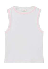 Weißes ärmelloses Top mit geripptem Textur, das pinkfarbene Kontrastnähte entlang des Ausschnitts und der Armlöcher aufweist. Lässiges Design, ohne Muster.