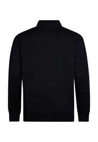 Schwarzer Strickpullover mit Kragen, langen Ärmeln sowie gerippten Bündchen und Saum. Glatte Textur mit minimalistischer Gestaltung.