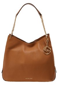 Sac hobo en cuir marron avec une finition texturée, une anse en chaîne dorée et un charme doré MK. Doté d'un design spacieux et non structuré.