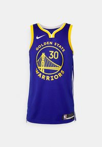 Maillot de basketball bleu et jaune des Golden State Warriors avec le numéro 30 et le logo Nike sur un fond blanc uni.