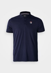 Námornícky modré polo tričko vyrobené z hladkej látky, s troj-buttonovou légou, rebrovaným golierom a malým logom FILA na ľavej strane hrudníka.