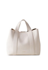 Große off-white Leder-Tote-Tasche mit zwei oberen Griffen, strukturiertem Oberflächen- und minimalistischem Design. Verfügt über dezente Markenkennzeichnung in Gold.