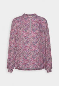 Blouse à manches longues avec motif cachemire rose, violet et blanc et petite ouverture en forme de goutte d'eau au col.