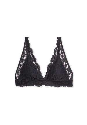 Bralette nera in pizzo con coppe triangolari, bordi ondulati e un motivo floreale. Presenta una fodera morbida e pannelli trasparenti lungo i lati.