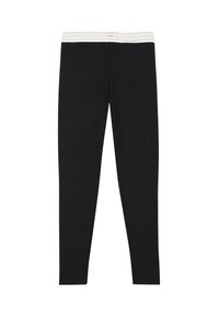 Svarta leggings gjorda av elastiskt material med ett mjukt, elastiskt midjeband som har ett vitt randigt mönster. Slät textur, åtsittande form.