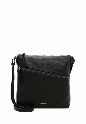 Black leather crossbody bag with a textured finish, featuring a diagonal zip pocket and adjustable strap. Compact rectangular shape.