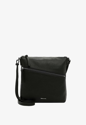 Černá kožená crossbody taška s texturovaným povrchem, s diagonální zipovou kapsou a nastavitelným popruhem. Kompaktní obdélníkový tvar.