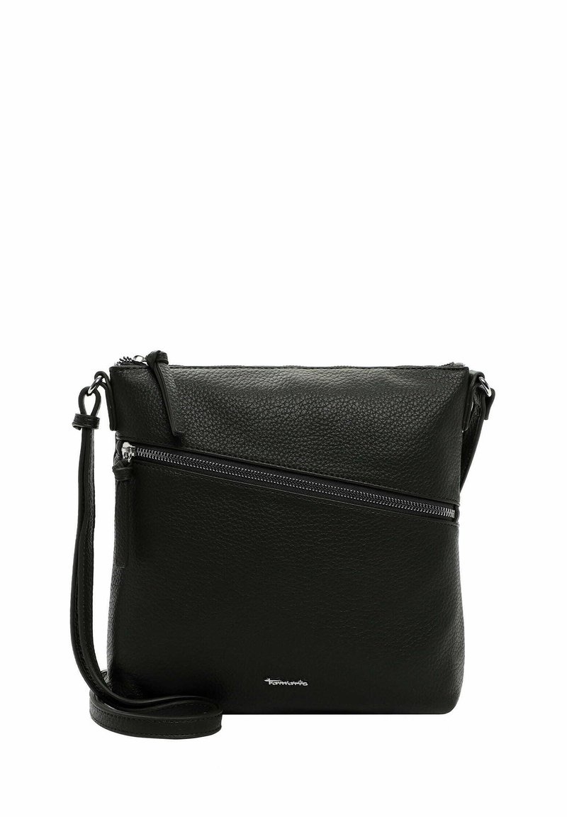 Černá kožená crossbody taška s texturovaným povrchem, s diagonální zipovou kapsou a nastavitelným popruhem. Kompaktní obdélníkový tvar.