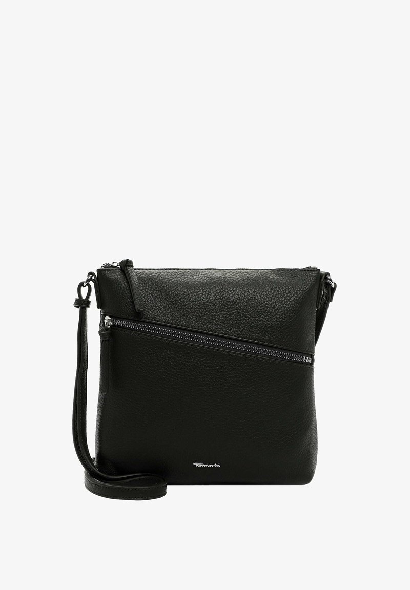 Musta nahkainen olkalaukku, jossa on teksturoitu pinta, diagonaalinen vetoketjutasku ja säädettävä hihna. Kompakti suorakulmainen muoto.