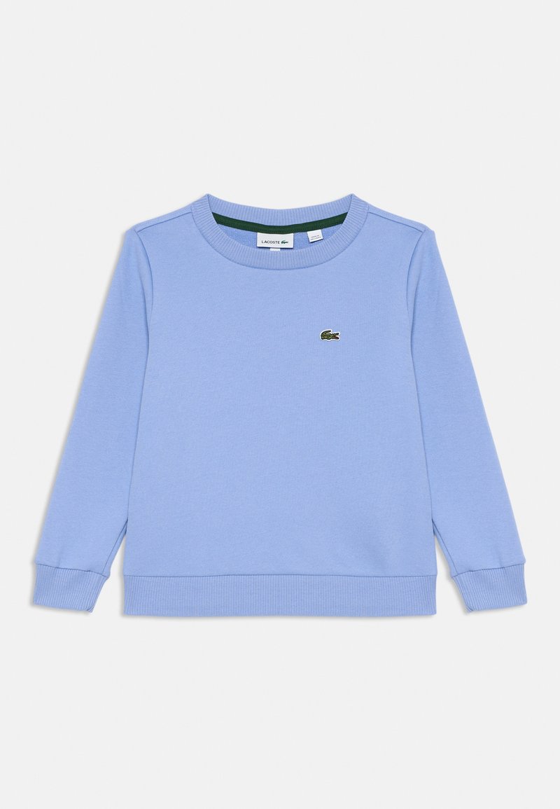 Felpa a maniche lunghe azzurro chiaro con collo a giro e polsini e orlo a costine, caratterizzata da un piccolo logo verde del coccodrillo Lacoste sul petto.
