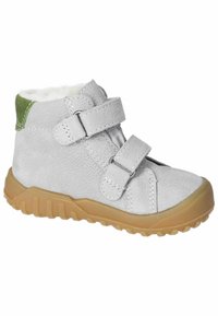 Botas de piel gris de media caña con dobles correas de velcro, forro suave blanco, acento verde en el talón y suela de goma texturizada.