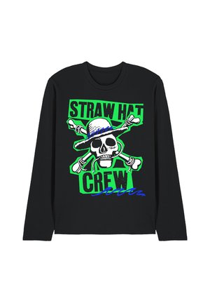 Black long-sleeve shirt with neon green text "STRAW HAT CREW" and a white skull wearing a straw hat over crossed bones.