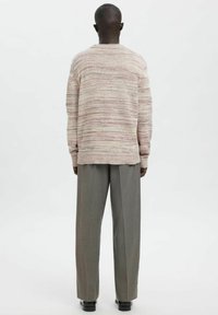 Maglione lavorato a maglia con motivo strutturato e multicolore in tonalità morbide, abbinato a pantaloni grigi su misura e scarpe nere, visto da dietro.