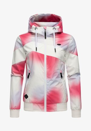 Värikäs hupputakki vaaleanpunaisessa ja valkoisessa Gradient-muotoilussa. Varustettu vetoketjulla edessä, kahdella sivutaskulla ja ribbikuvioiduilla hihansuilla. Kevyt materiaali.