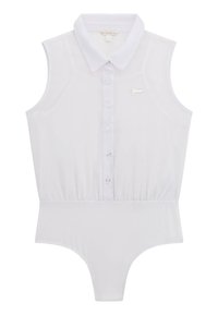 Valkoinen hihaton bodysuit, jossa on napitus edessä, klassinen kaulus ja gathered-vyötärö. Sisältää pienen metallisen logon korostuksen rintakehässä.